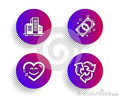 Payment, Smile chat and Buildings icons set. Recycle sign. Finance, Heart face, City architecture. Vector Vector Illustration