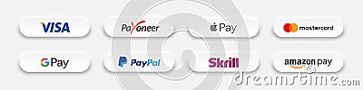 Payment systems buttons set. Visa, Payoneer, Apple Pay, Mastercard, Google Pay, PayPal, Skrill, Amazon Pay. Buttons in the style Vector Illustration