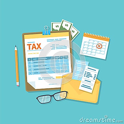 Payment of tax, accounts, bills concept. Financial calendar, tax form for the clipboard, envelope with checks, money, cash Vector Illustration