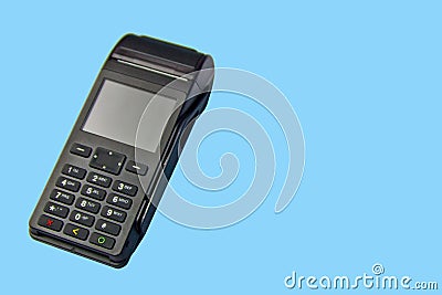 Payment terminal isolated on a dlue background. Contactless payment Stock Photo