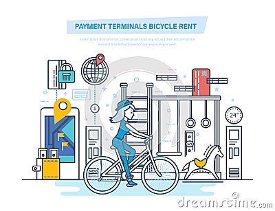 Payment terminals bicycle rent. City bike hire renting for tourists. Vector Illustration