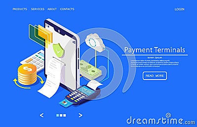 Payment terminals vector website landing page design template Vector Illustration