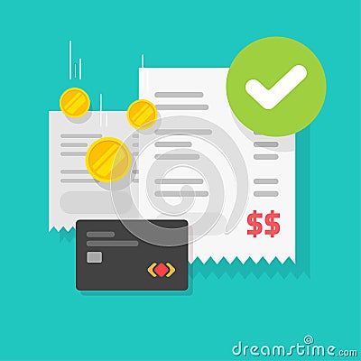 Payment transaction success approved check mark notice on receipt bill invoice via credit bank card vector flat cartoon Stock Photo