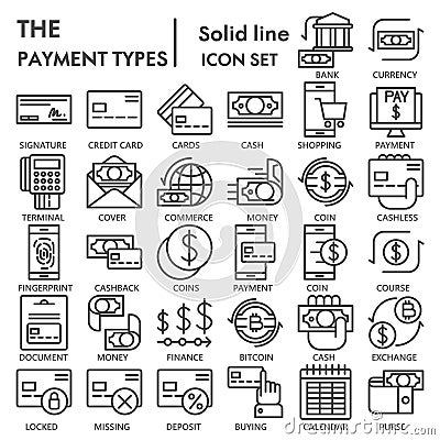 Payment types line icon set, commerce symbols collection or sketches. Business and mobile banking linear style signs for Vector Illustration