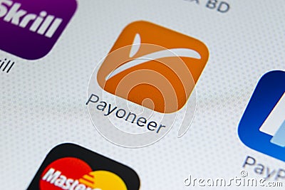 Payoneer application icon on Apple iPhone X smartphone screen close-up. Payoneer app icon. Payoneer is an online electronic paymen Editorial Stock Photo