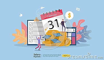 Payroll income concept. salary payment annual bonus. payout with paper, calculator, and people character. web landing page Vector Illustration
