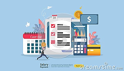 Payroll income concept. salary payment annual bonus. payout with paper, calculator, and people character. web landing page Vector Illustration