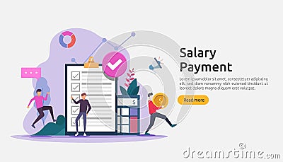 Payroll income concept. salary payment annual bonus. payout with paper, calculator, and people character. web landing page Vector Illustration