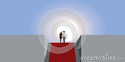A couple goes up a staircase with a red carpet. Stock Photo