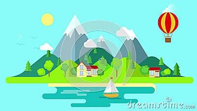 Paysage d'île de montagnes de voyage et navigation du style plat d'introduction animée illustration de vecteur Paysage d'île de montagnes de voyage et navigation du style plat d'introduction animée illustration de vecteur