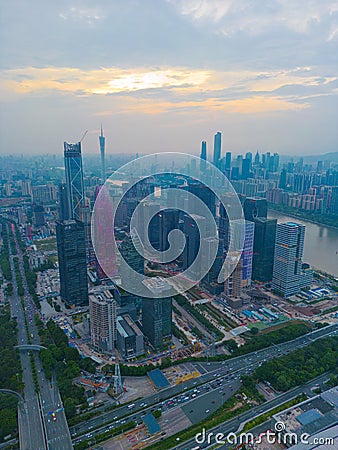 Pazhou West District under construction at sunset, Guangzhou Editorial Stock Photo