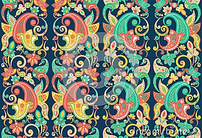 Multicolored Paisley and Floral damask seamless vector repeat pattern with a dark background. Stock Photo