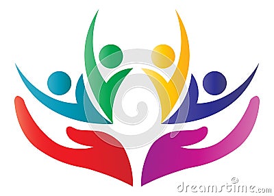 Active happy society caring hands logo vector save kids people women men protect with love concept vector drawing by adobe illustr Stock Photo