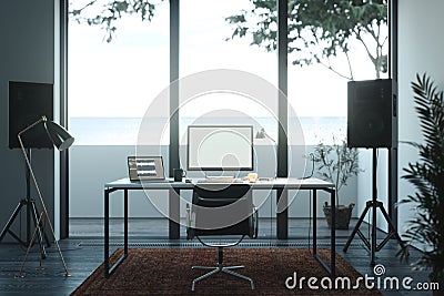PC with blank monitor, keyboard and computer mouse under lamp. 3d rendering. Stock Photo