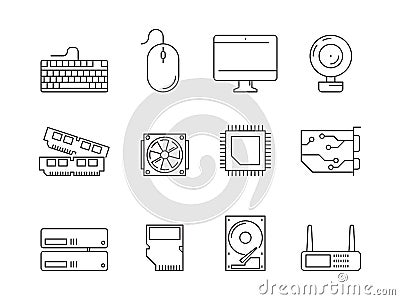 Pc components icons. Processor ssd cpu power adapter ram memory and hdd linear vector symbols isolated Vector Illustration