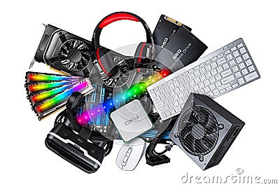 Pc computer hardware components electronics collage. cpu micro processor graphics card power supply ddr ram headset vr glasses Stock Photo