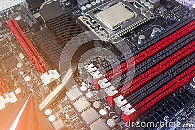 PC Mainboard memory slots and components. Close up with selective focus Stock Photo