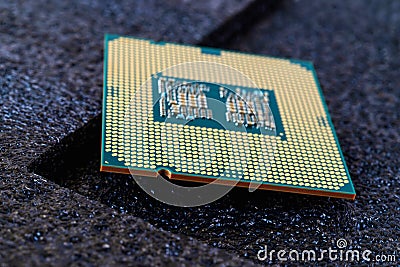 Pc micro CPU with gold plated contacts on a textured dark background. Modern central processing unit close-up. Desktop computer Stock Photo