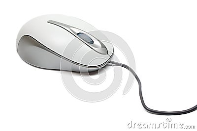 Optical mouse for computer isolated on white grey gray silver wire wired PC device technology scroll scrolling wheel buttons input Stock Photo