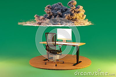 pc office workplace on infinite background with cloud over head workload stress burnout concept 3D Illustration Stock Photo