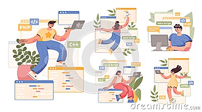 PC work. Computer programmer character. People in internet industry creating website. Programming language. Developers Vector Illustration