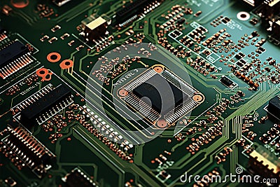PCB, with its distinctive DT background pattern, is pivotal in electronics Stock Photo
