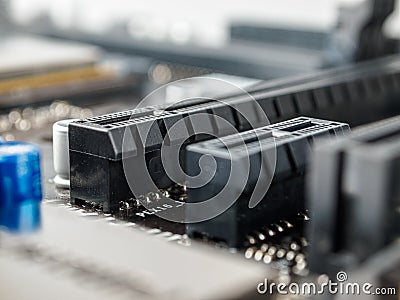 PCI Express bus interface connector, x16, x8, x4, x1, on the computer motherboard, high-speed connection Stock Photo