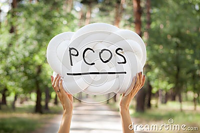 PCOS - Polycystic ovary syndrome, woman sickness lettering on white background in womans hands Stock Photo