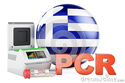 PCR test for COVID-19 in Greece, concept. PCR thermal cycler with Greek flag, 3D rendering Stock Photo