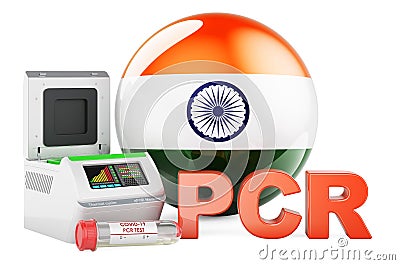 PCR test for COVID-19 in India, concept. PCR thermal cycler with Indian flag, 3D rendering Stock Photo