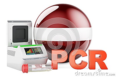 PCR test for COVID-19 in Latvia, concept. PCR thermal cycler with Latvian flag, 3D rendering Stock Photo