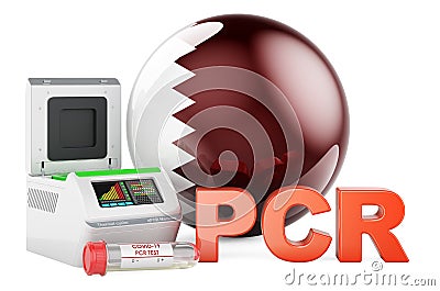PCR test for COVID-19 in Qatar, concept. PCR thermal cycler with Qatari flag, 3D rendering Stock Photo