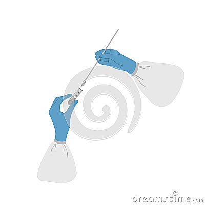 PCR test. Hands in medical gloves hold test tube with sample. Nasal swab laboratory analysis of biomaterial. Covid-19 Vector Illustration