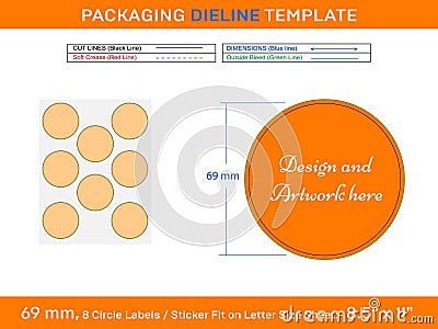 8pcs 69 mm CIRCLE labels sticker dieline template Vector Illustration