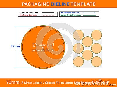 8pcs 75 mm CIRCLE labels sticker dieline template Vector Illustration