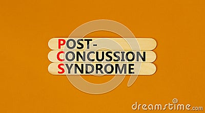 PCS post-concussion syndrome symbol. Concept words PCS post-concussion syndrome on wooden stick on a beautiful orange table orange Stock Photo