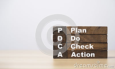 PDCA and Plan Do check Action print screen on wooden block cube for Continuous Quality improvement or KAIZEN concept Stock Photo