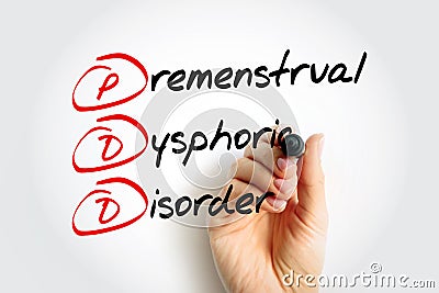 PDD Premenstrual Dysphoric Disorder - mood disorder characterized by emotional, cognitive, and physical symptoms during the luteal Stock Photo