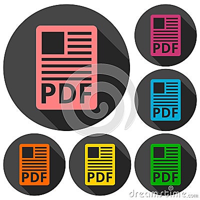 PDF file document icons set with long shadow Vector Illustration