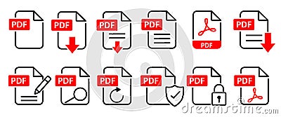 PDF file format icons set. Format information, Document text, Pdf file download, PDF Security for document protecton Vector Illustration