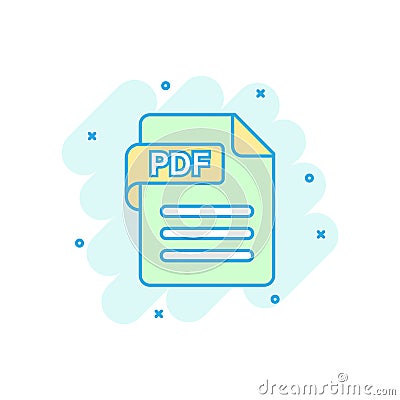 Pdf icon in comic style. Document text vector cartoon illustration on white isolated background. Archive splash effect business Vector Illustration