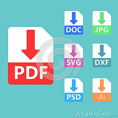 PDF, SVG, DOC, JPG, PSD, AI file formats. Vector icons. Vector Illustration