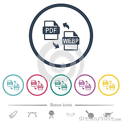 PDF WEBP file conversion flat color icons in round outlines Vector Illustration
