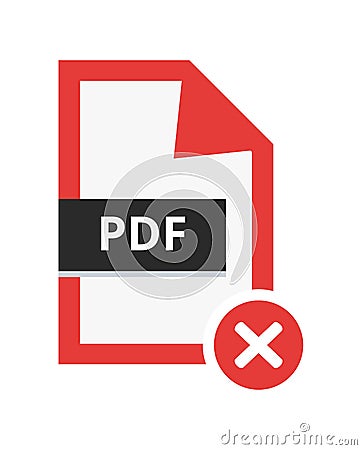 Incorrect disapproved pdf file. Flat icon with red cancel sign error. Symbol of not accepted portable document file for web, print Vector Illustration
