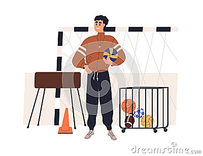 PE teacher, school trainer in gym. PT instructor at physical education, training lesson. Athlete couch in gymnasium Vector Illustration