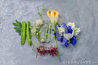 Pea flowers,Roselle,Turkey Berry,winged Bean,Pumpkin,Neptunia oleracea Lour On a metal tray. Stock Photo