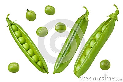 Pea isolated. Set of green fresh raw peas open pod with beans isolated on white background Stock Photo