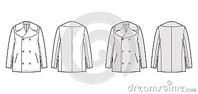 Pea overcoat technical fashion illustration with double breasted, fingertip length, Stand up collar, jetted pockets Vector Illustration