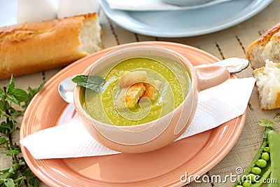 Pea Soup With Croutons Stock Photo