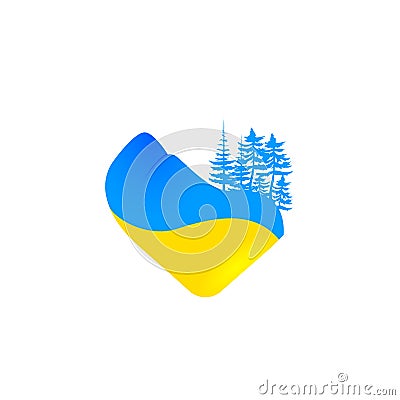 Ukrainian flag in shape of heart. Silhouettes of the Carpathian mountains. Concept of peace for Ukraine. Stock Photo